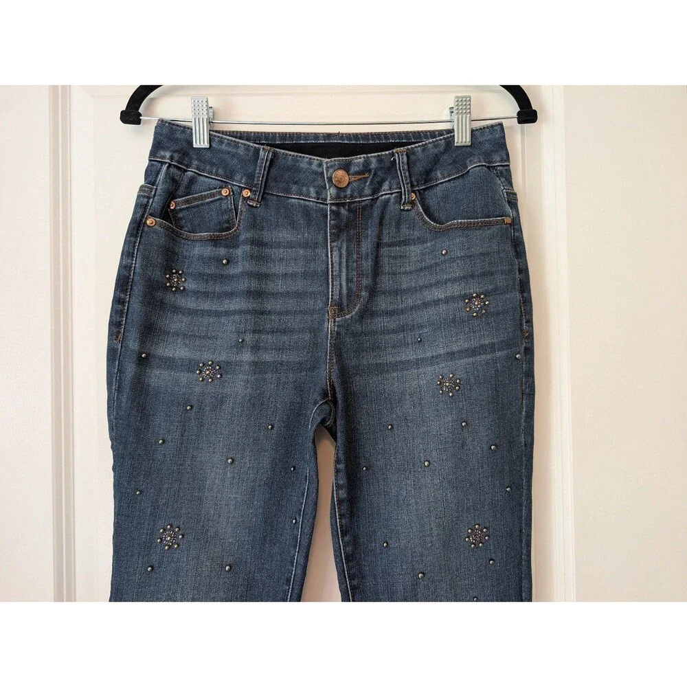 Chico's Dark Blue Denim Gray Beaded Y2K Midrise Ankle Jeans Women's Size 4R - Picture 2 of 12